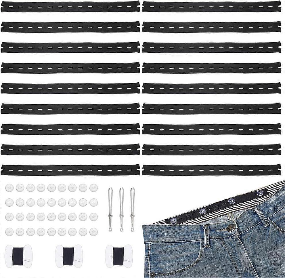 18pcs Black Pant Waist Tightener 20mm Wide Elastic Waist Button Kits Adjustable Elastic Sewing Bands with 12 Buttons Waist Tightener Tool for DIY Wais