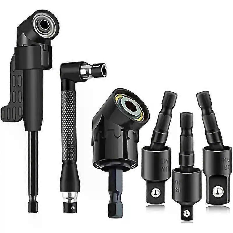 ?6pc Right Angle Drill Adapter Set - 3 Rotating 1/4/3/8/1/2" Impact Sockets + 105�� & 90�� Hex Bevel Bits for Tight Spaces