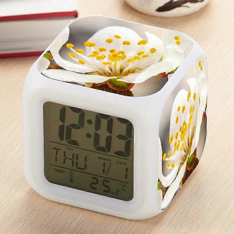 LED Seven-Color Changing Square Clock with Apricot Blossom Pattern - Creative Mini Alarm Clock