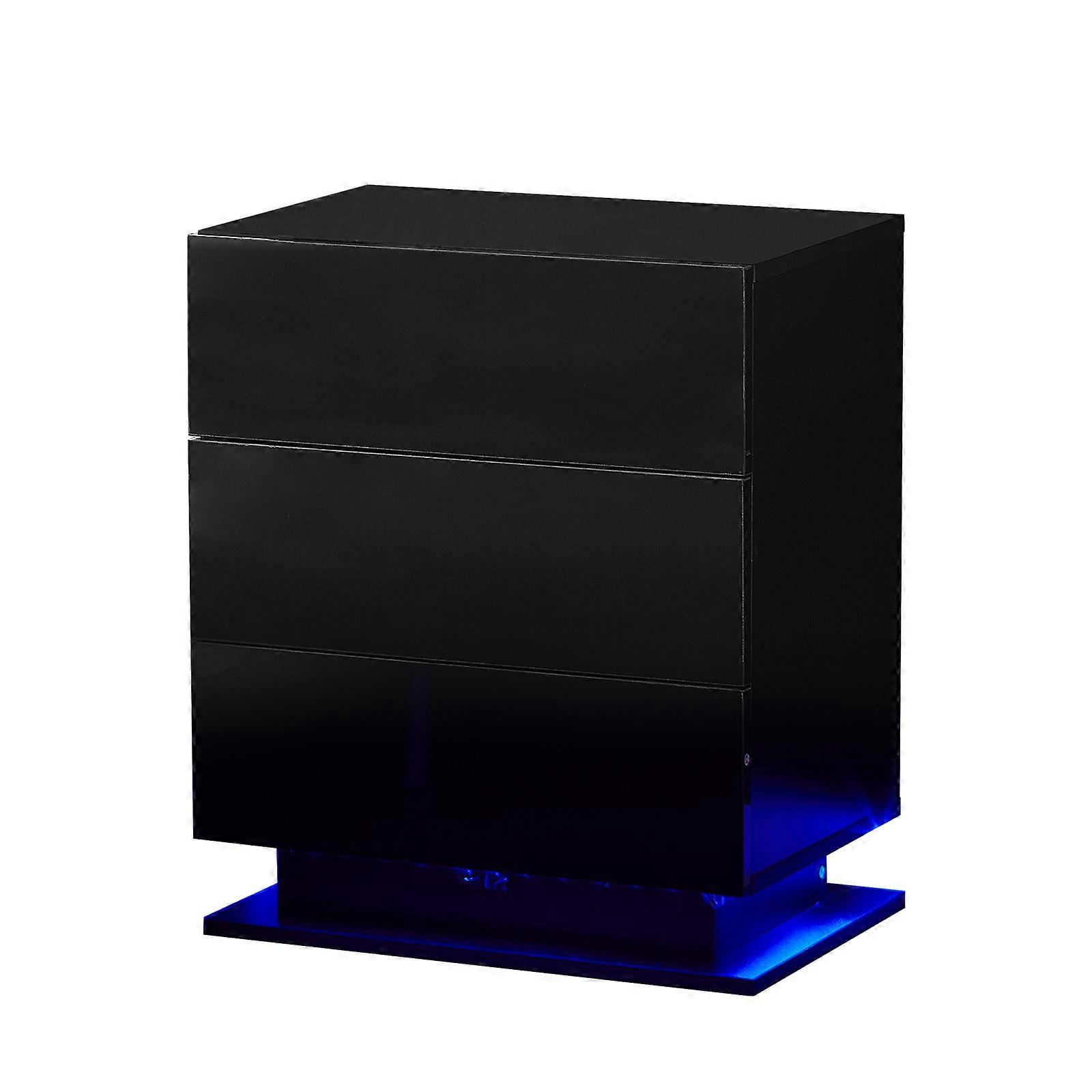 Bedside Table, 3 Drawers High Gloss LED Lights Nightstand Cabinet for Room