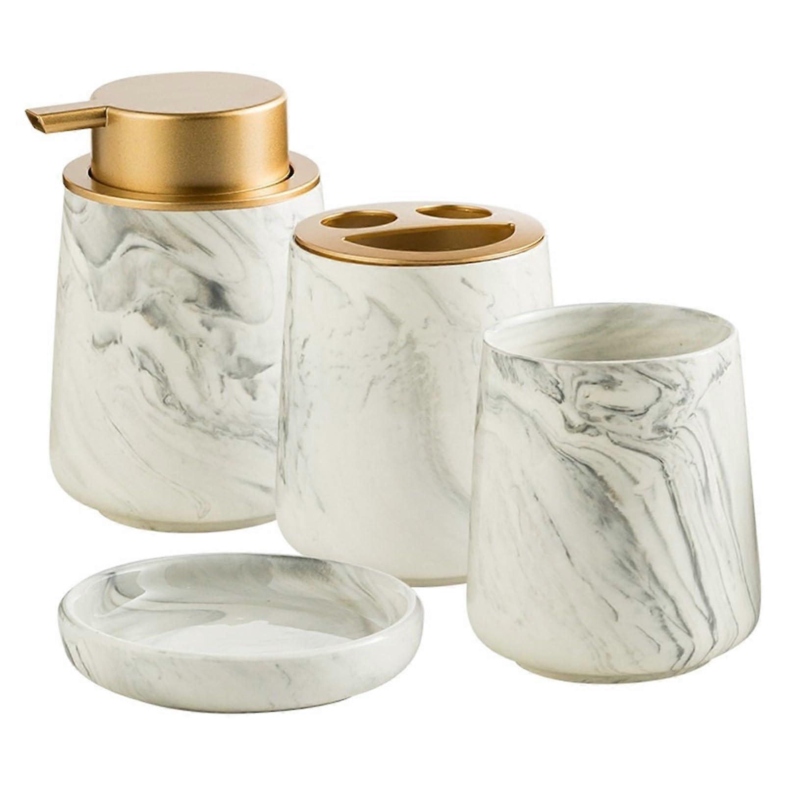 Bathroom Accessories Set Ceramic Marble Pattern Soap Dispenser 4Piece Light Luxury Gris for Bathroom Kitchen