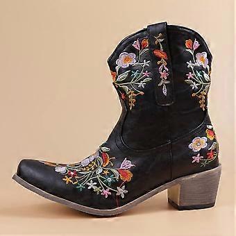 Damen Herbststiefel Modische bestickte Cowgirl Reitstiefel Lässige warme mittelhohe Absätze Mittelhohe Tube-Shorts 8.5(41)