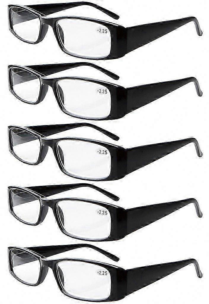 Black Rectangular Reading Glasses with Spring Hinges, +2.00 Diopters, 5 Pairs