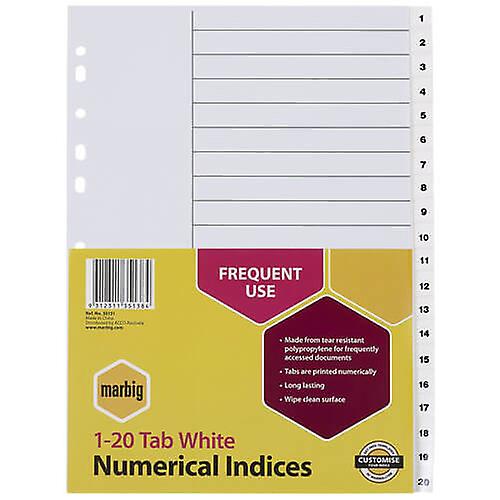 1-20 TAB Marbig Numerical Indices and Dividers A4 White Strong Polypropylene