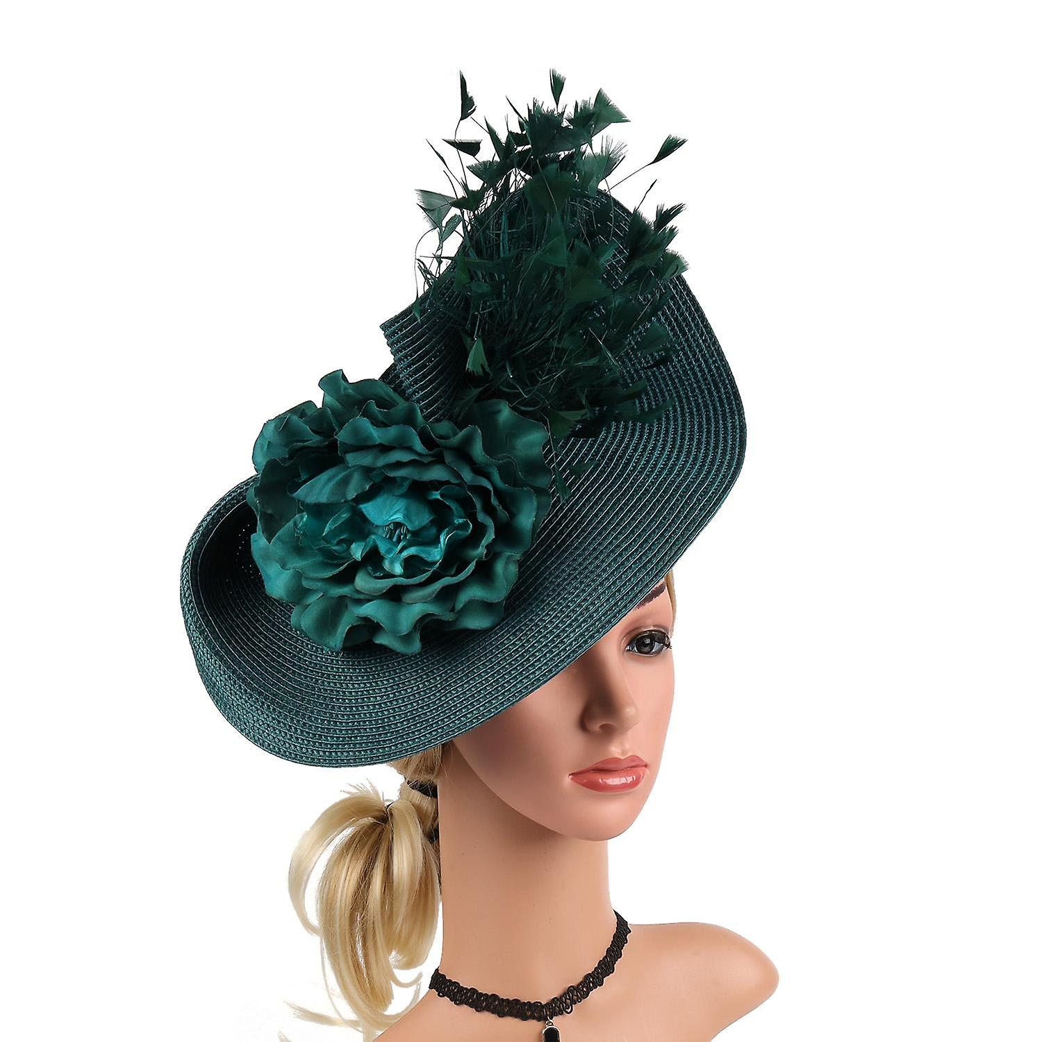 Elegant Flowers Exaggerated Tea Party Kentucky Derby Straw Hat With FeatherFascinator Big Pillbox Ha