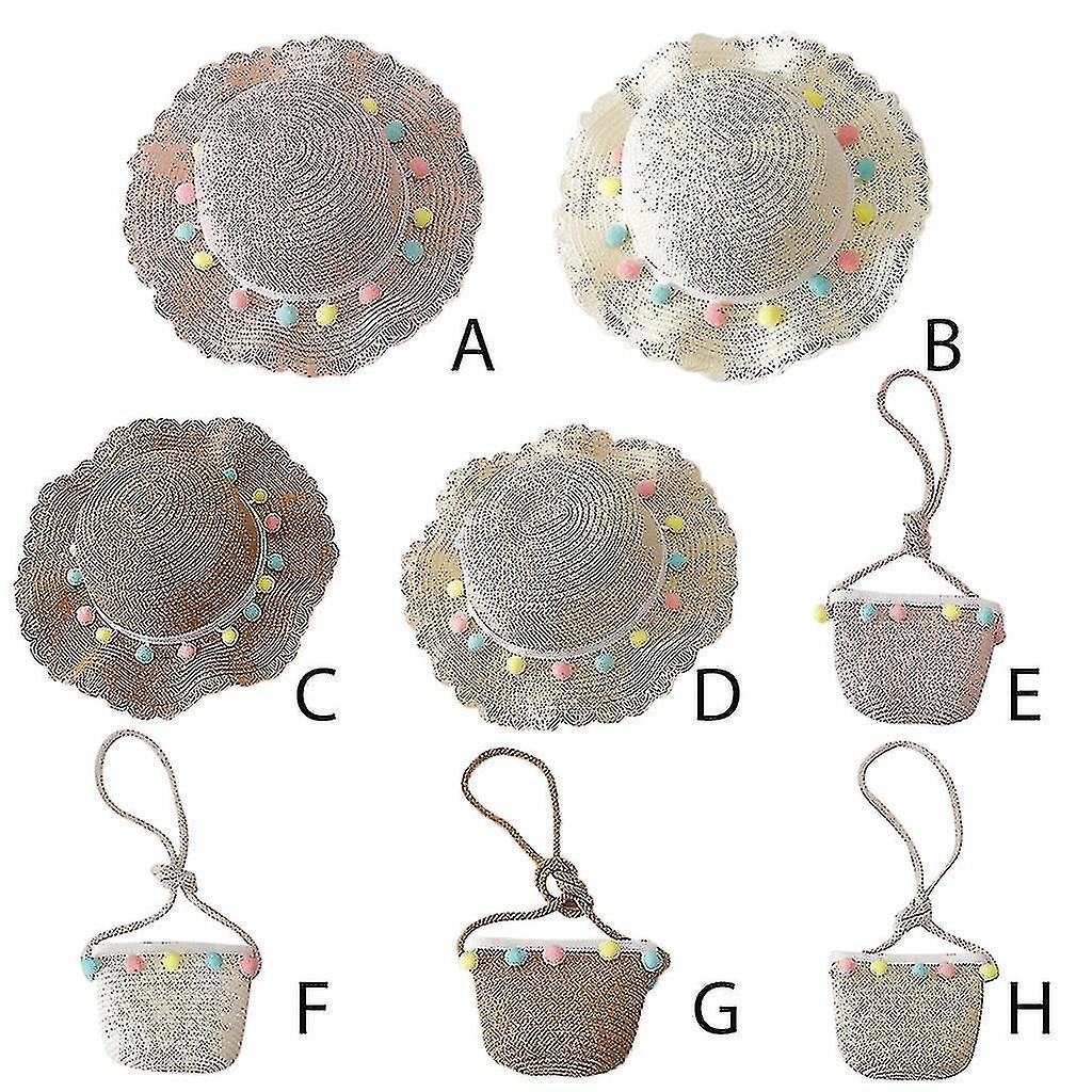 Kleinkind Kinder Mädchen Sommer Gewebter Strohhut Multicolor Pompom Beach Bucket Cap