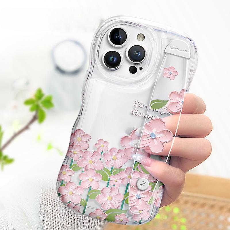 New Clear Phone Case With Wrist Strap Stand For Apple Iphone 14pro 14 Pro Max - Transparent Silicone Cover With Oil Painting Floral Design For Iphone 