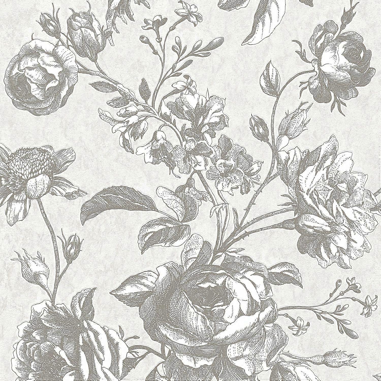 Blumen Tapete Profhome 387001-GU Vliestapete leicht strukturiert à la Toile de Jouy matt creme hell-grau taupe weiß 5,33 m2