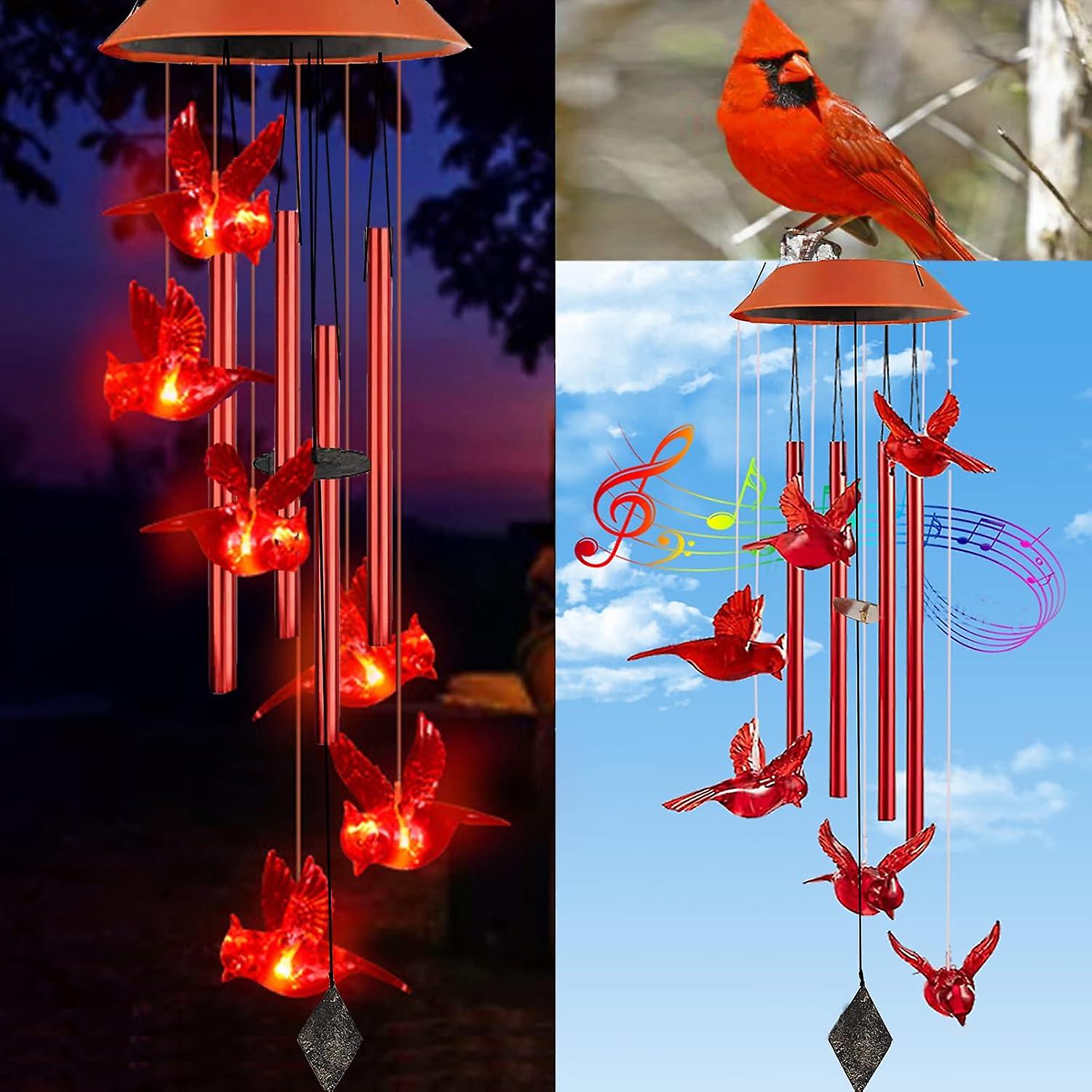 Cardinal Wind Chimes, Solar Powered Red Cardinal Bird Wind Chime Wind Moblie LED Light, Spiral Spinner Cardinal Windchime Portable Outdoor Chime for P