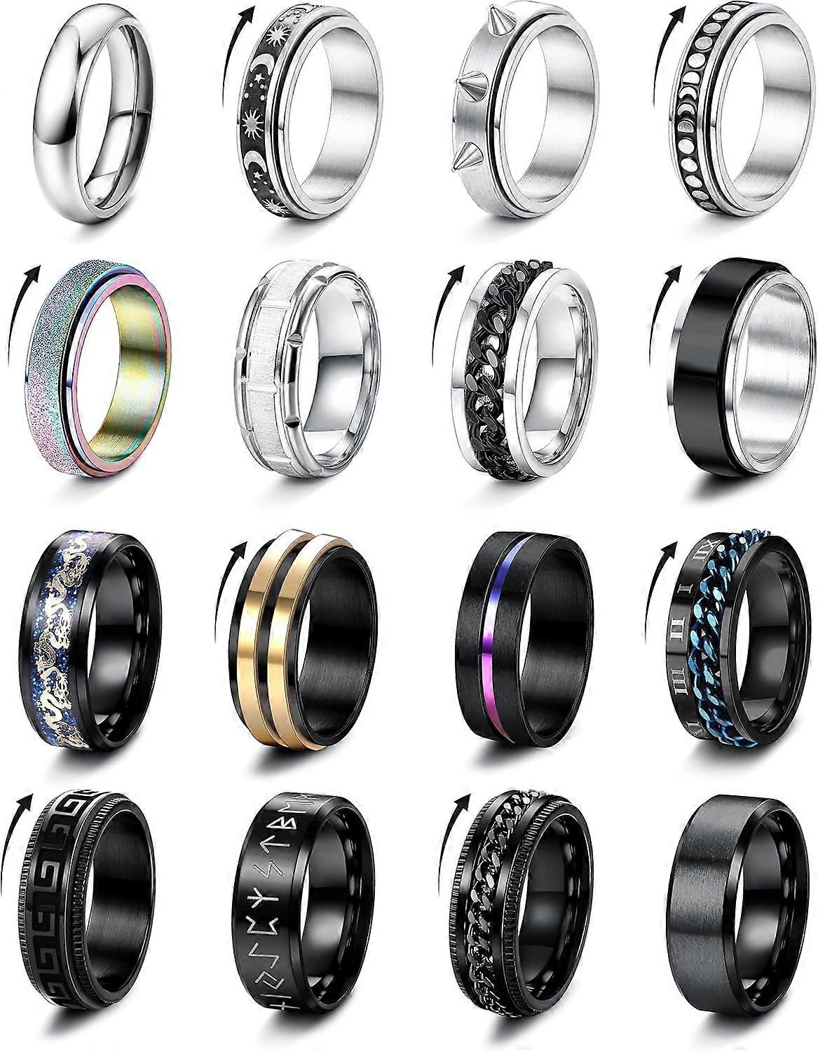 Rustfrit stål Bånd Ringe Til Mænd Kvinder Fidget Ringe Spinner Ringe til angst Relief Band Ringe Bryllup Pormise Forlovelsesringe Sæt 16 stk Størrelse 7-13