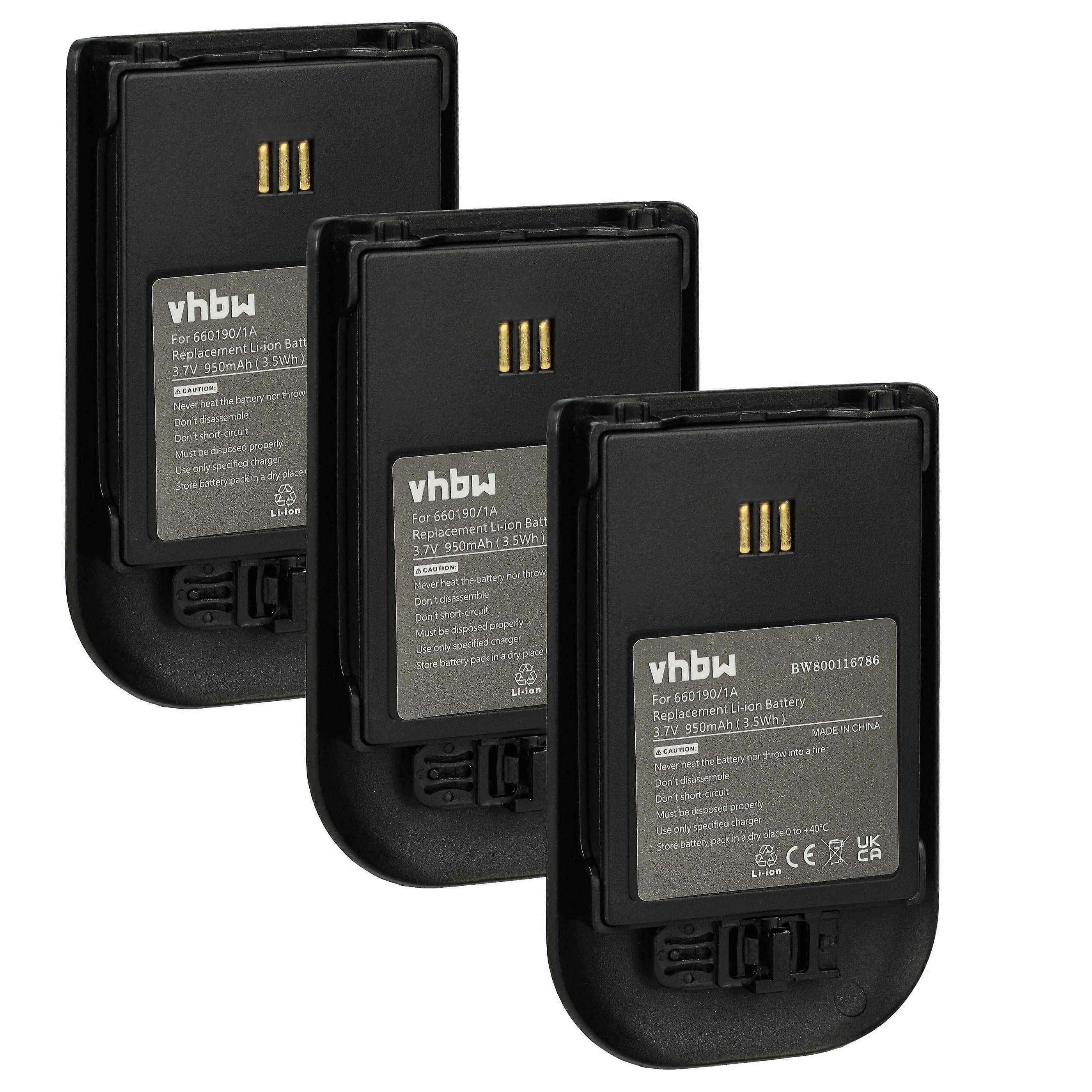 Batterie de remplacement vhbw 3x pour Ascom 600190/2C, 660190/R2B, RB-D62-L, 9D62 pour téléphone fixe sans fil (930 mAh, 3,7 V, Li-ion) Noir