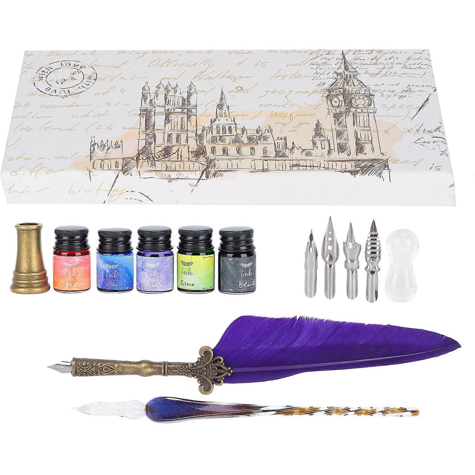 Calligraphy Pen Set Glass Ink Feather Fountain Pen with Replaceable Nib Writing Gift Box KitSP118014 Purple