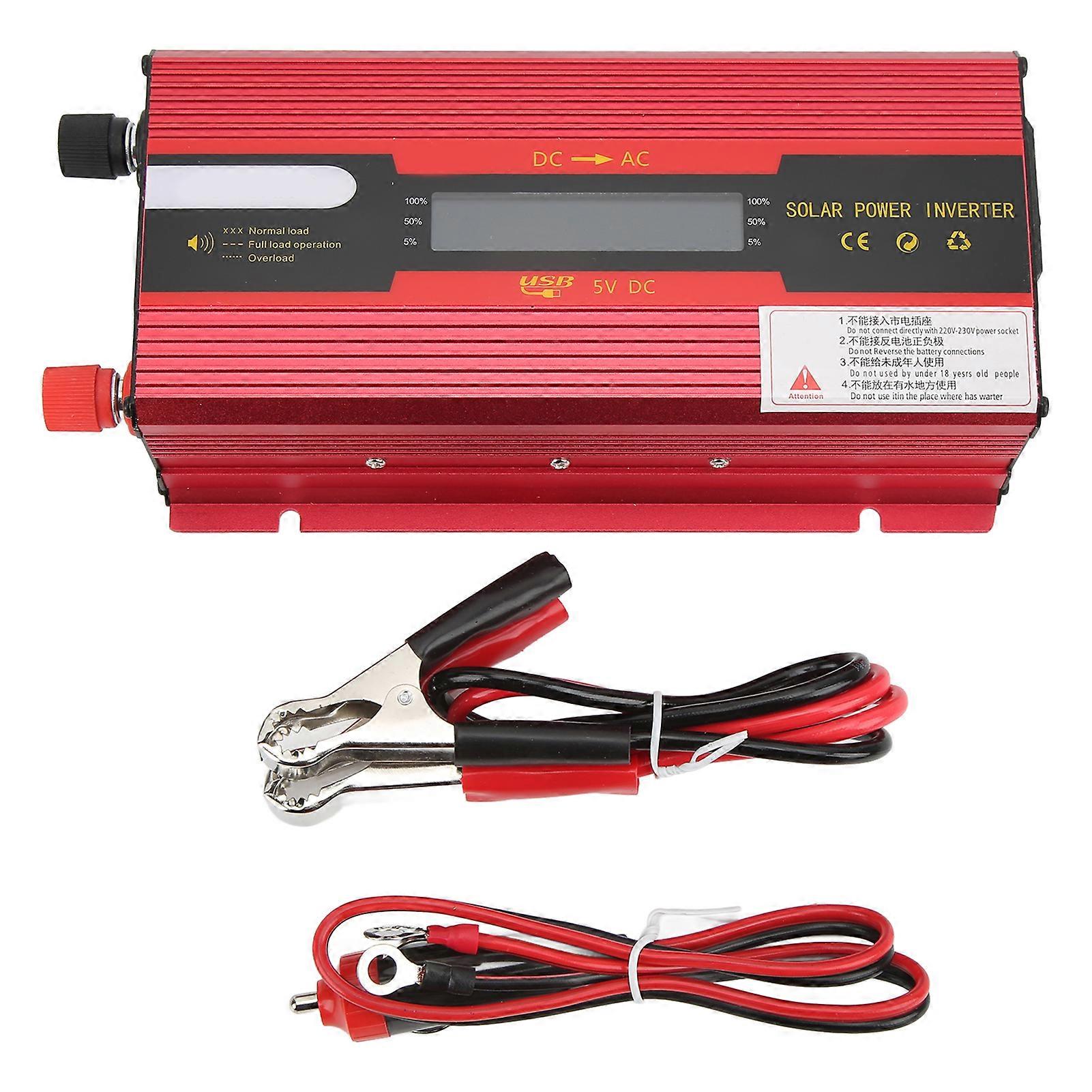 Roter Wechselrichter, modifizierte Sinuswelle, 12 V/24 V auf 220 V, Autokonverter mit Universalsteckdose, USB-Ladeanschluss, LCD-Display