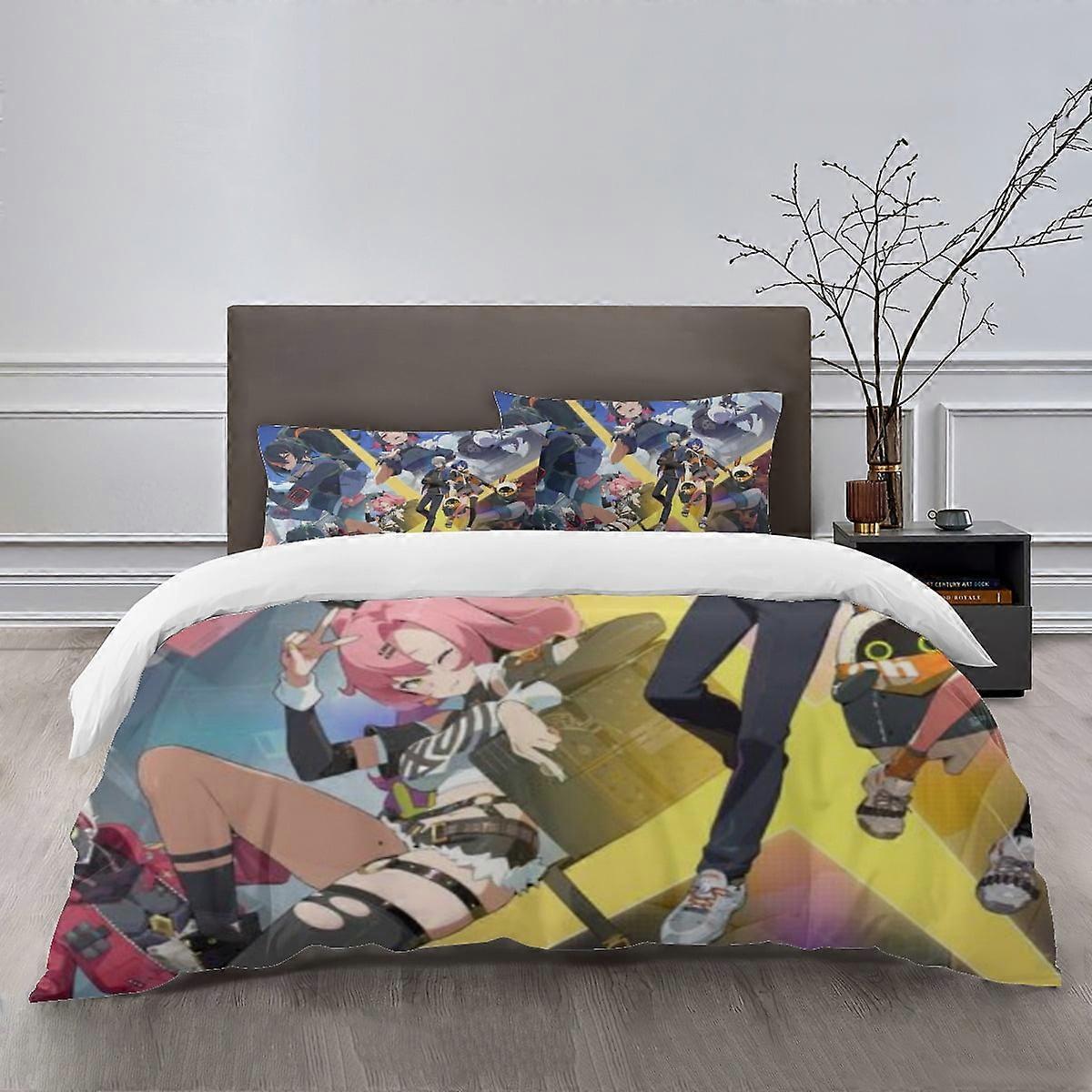 Lakan g1233 Zenless Zone Zero Sängkläder Säng Tecknad Påslakan Lätta 3-delade insatsset för barn Pojkar Flickor (1 påslakan och 2 kuddar)