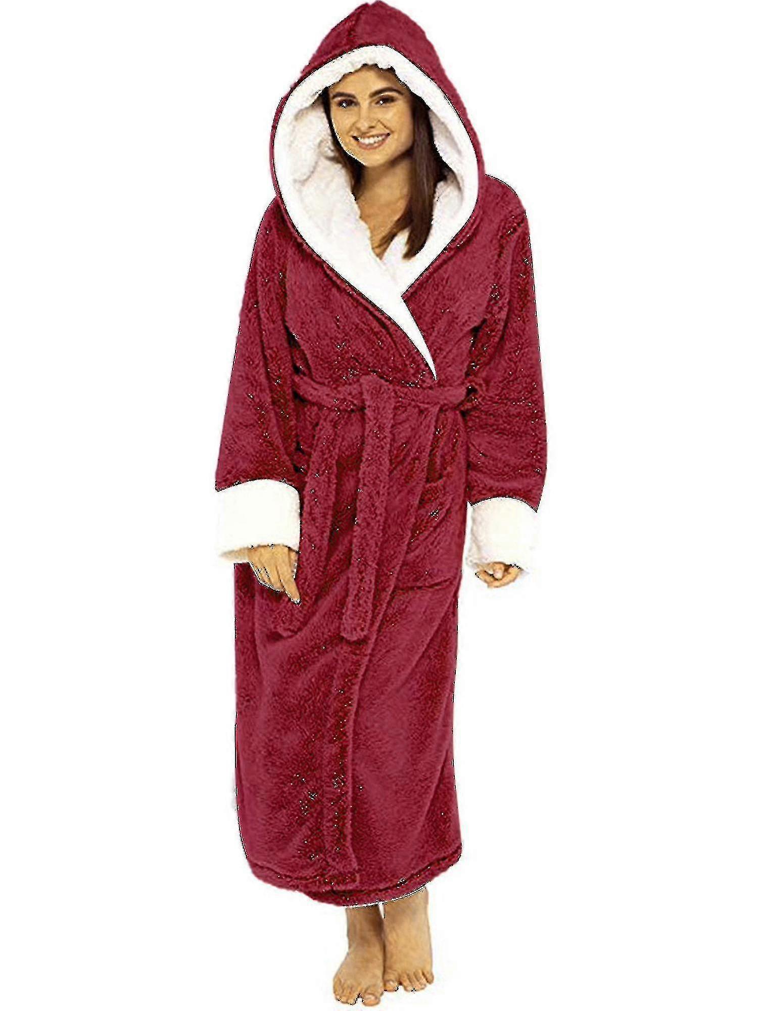 Women Fleece Bathrobe Soft Ing Gown Hooded Fluffy Towling Bath Robe