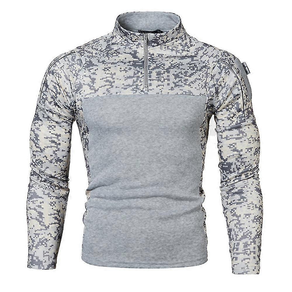 Men Casual Patch Camo Sleeve Zip Mock Neck Sports Jogging Running Combat Tops