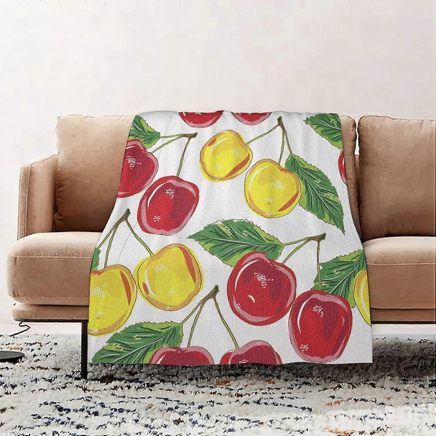 Premium Flanelowy koc do rzucania - owoc graficzny kolorowe wiśnie z liśćmi wzór świeże dojrzałe soczyste smaczne flanelowy koc narzuta sofa, koc puszysty