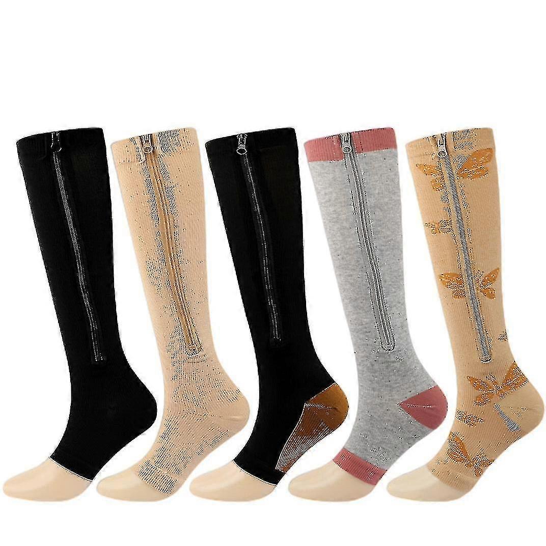 5 Pairs Of Zippered Compression Socks Sports Long Style Calf Stretch Socks