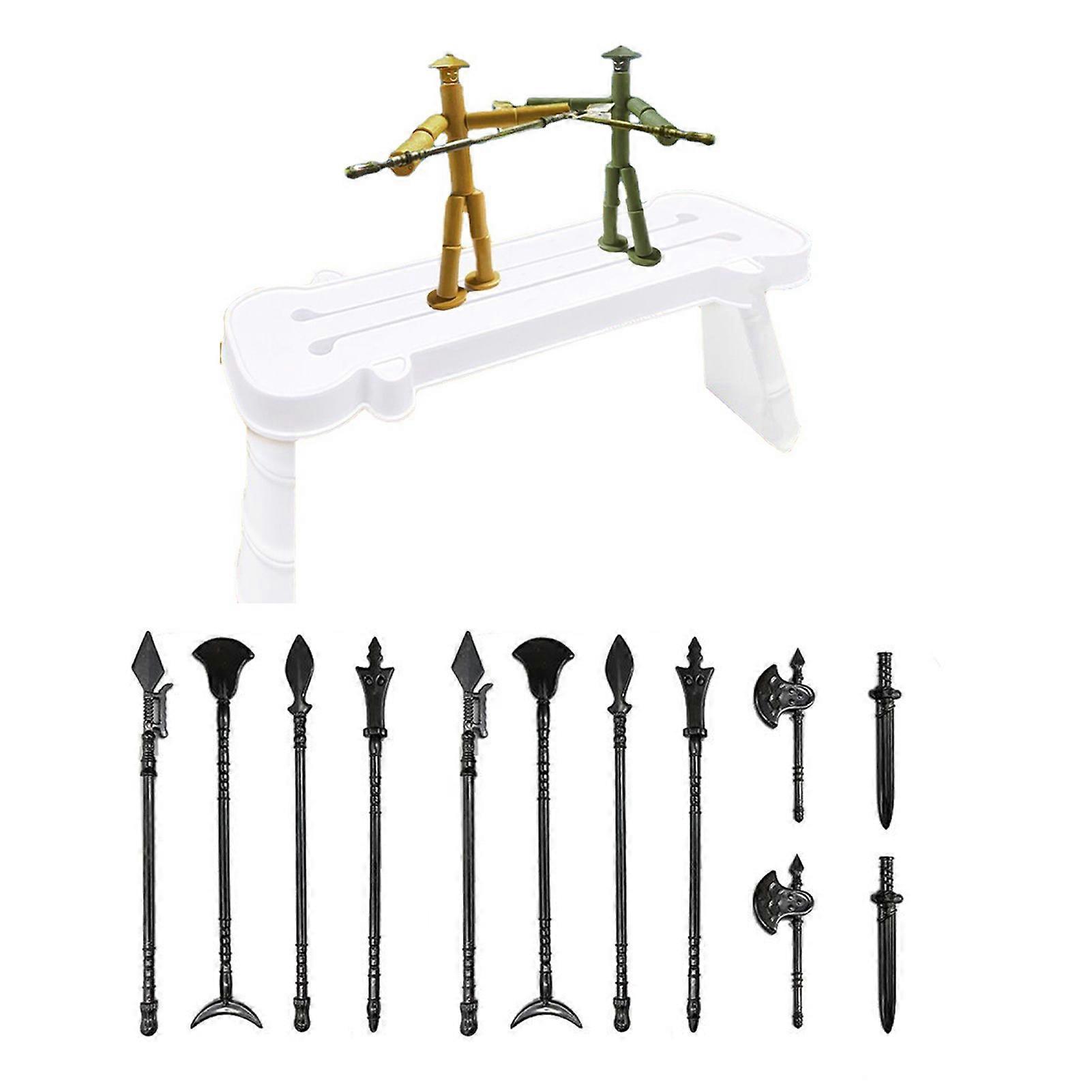 1 Set Bamboo Man Battle Toy with 12 Weapons PK Table Funny Rope Controlled 2 Players Handmade Action Figure Fighter Board Game Kids Gift