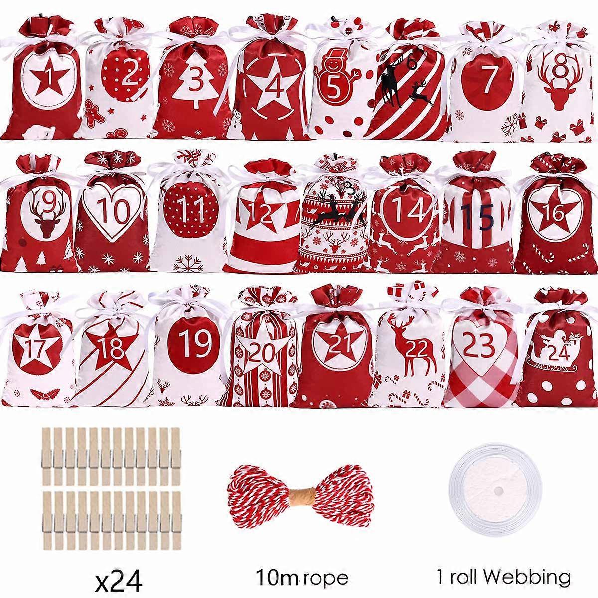 Bolsa de calendario de adviento de Navidad, bolsa de tela satinada de 24 unids/set, bolsas de regalo de dulces DIY con Clips, bolsa de Adviento de cue