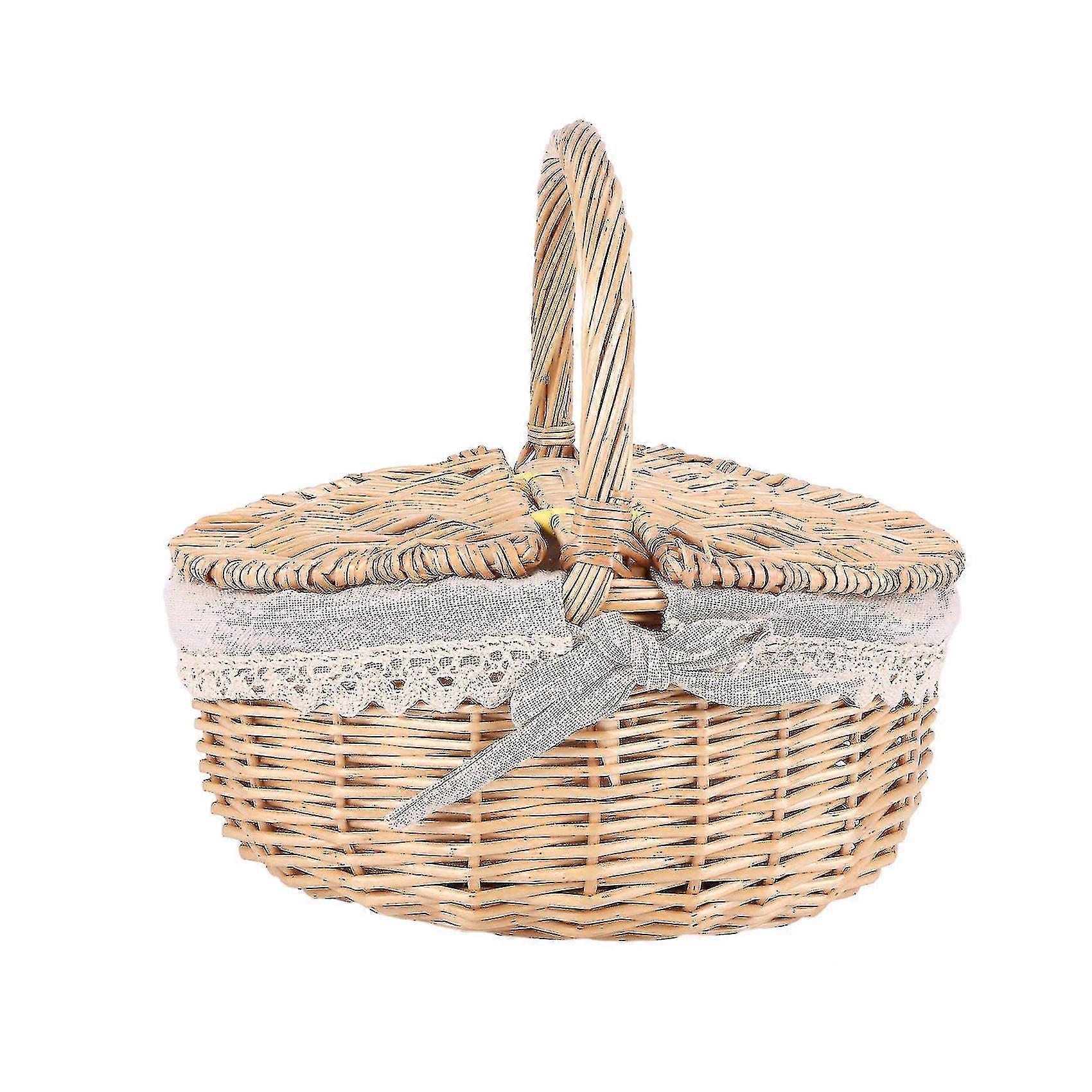Handmade Wicker Basket With Handle Wicker Camping Picnic Basket With Double Storage Hamper Basket W