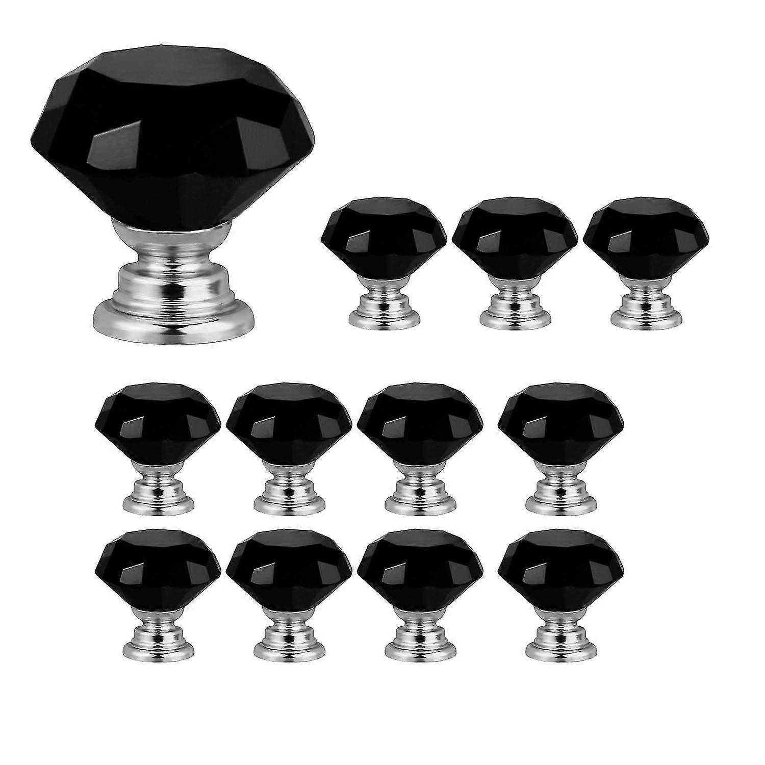 12 Pcs 30mm Glass Dresser Knobs Diamond Drawer Knobs Pulls Handles Kitchen Cabinet Knobs (black)