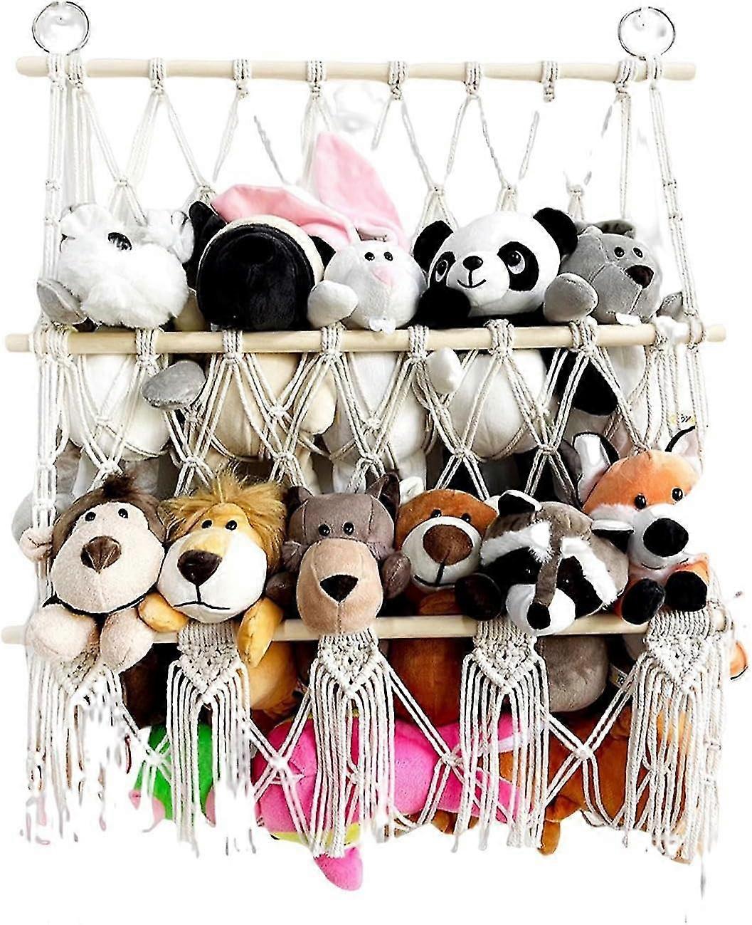 Toy Hammock Stuffed Animal Storage Hammock, Double Layer Hammock with Tassels, Plush Toy Hanging Organizer, Macrame Boho Bear Storage for Playroom Bed