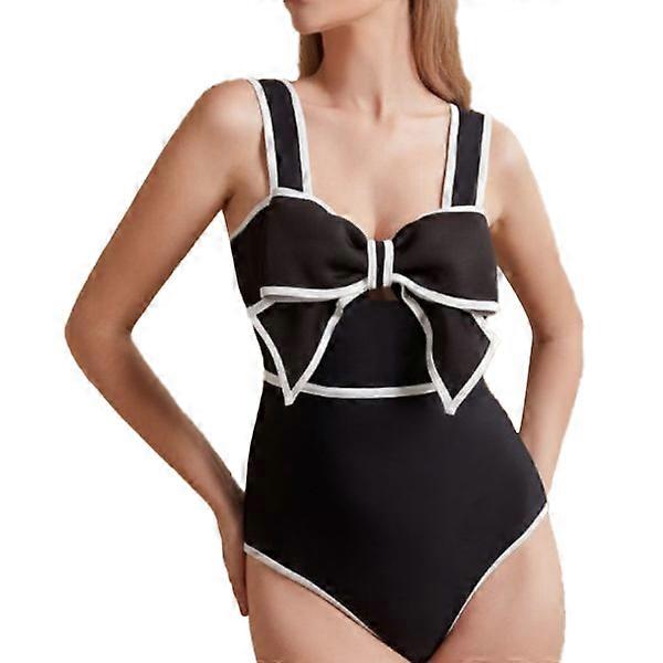 Black and White Bow-tie Decor One Piece Swimsuit and Skirt