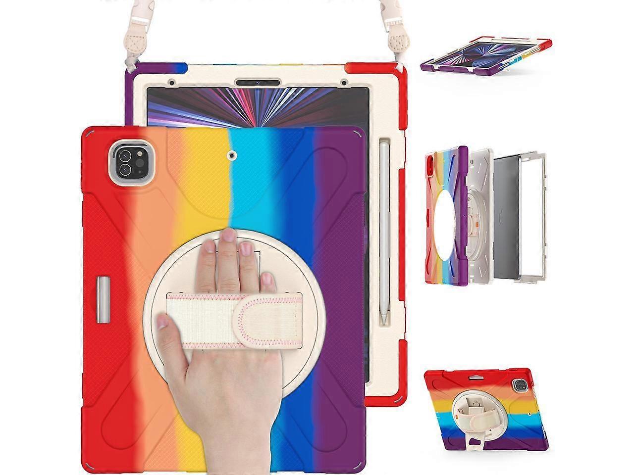 iPad Pro 12.9 Case 2021 5th Generation, Shockproof Rugged Drop Protection Cover with Pencil Holder and Rotating Kickstand Hand Strap / Shoulder Strap