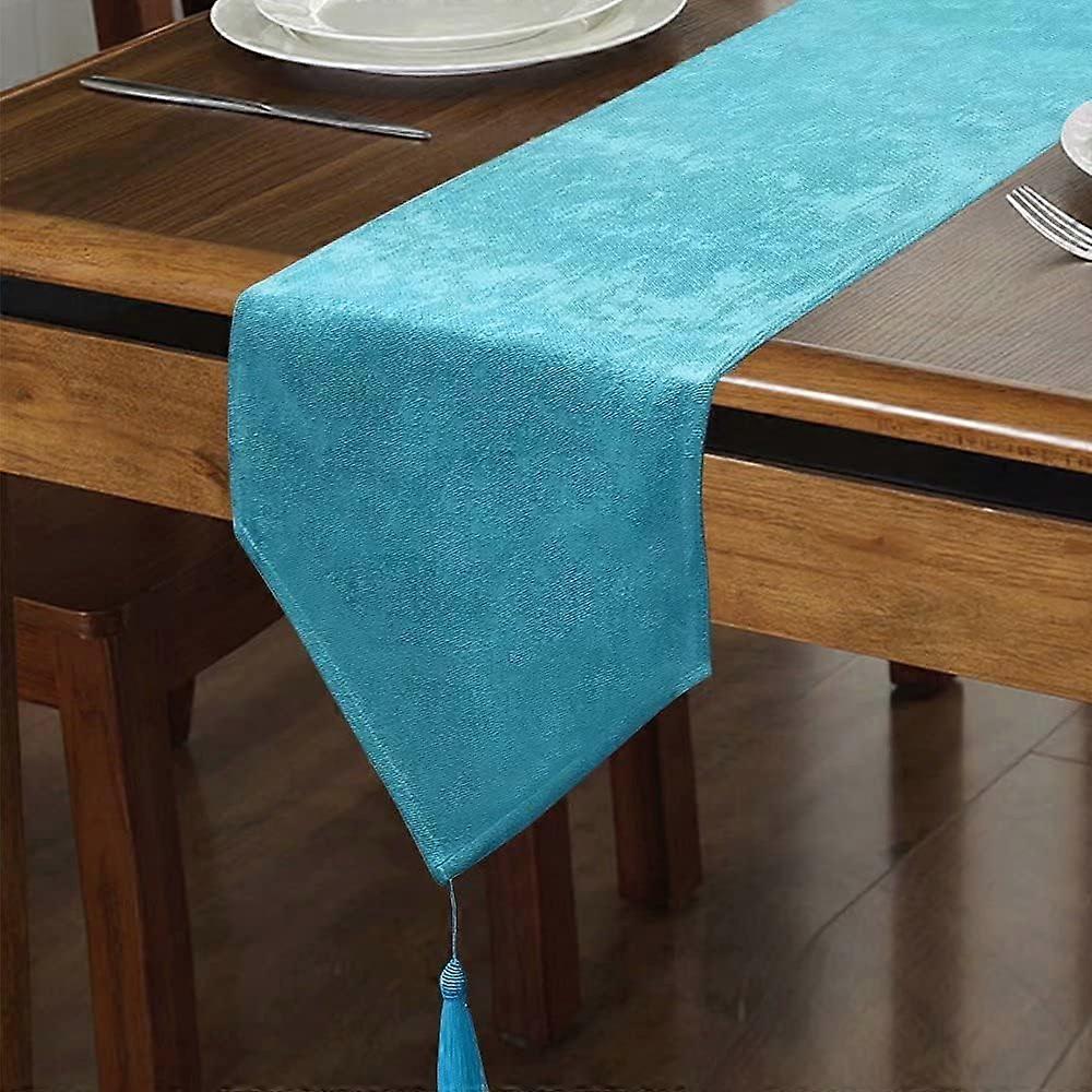 Shiny Faux Linen Table Runner Runners Washable Table Runners(Flash Lake Blue, 14*70 inches)
