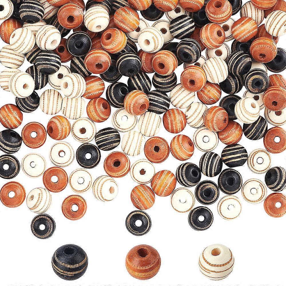 150Pcs 3 Colors Painted Natural Wood Beads Dyed Laser Engraved Pattern Round with Zebra-Stripe Mixed Color 10x8.5mm Hole: 2.5mm 50pcs/color