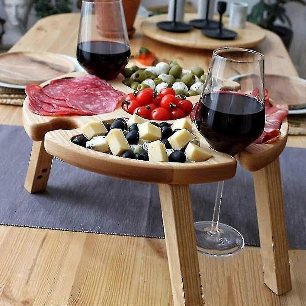 Foldable Wine Picnic Table Portable Mini Charcuterie Round Desk With 5 Cells 4