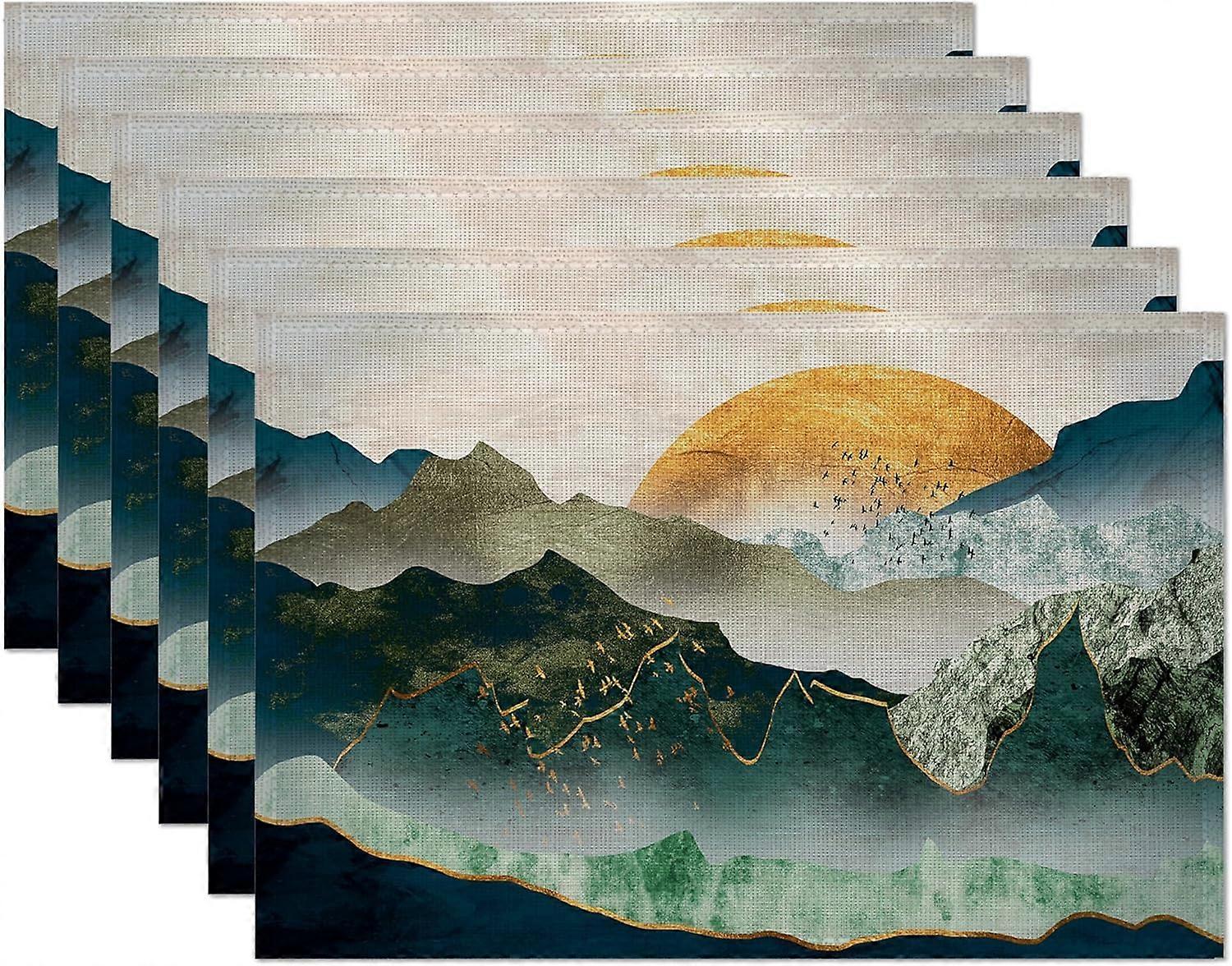 Abstract Mountain Placemats Set of 6,Green Gold Mountain Sunset Place Mats Heat Resistant Washable Non-Slip Table Mats for Party Kitchen Dining Decor 