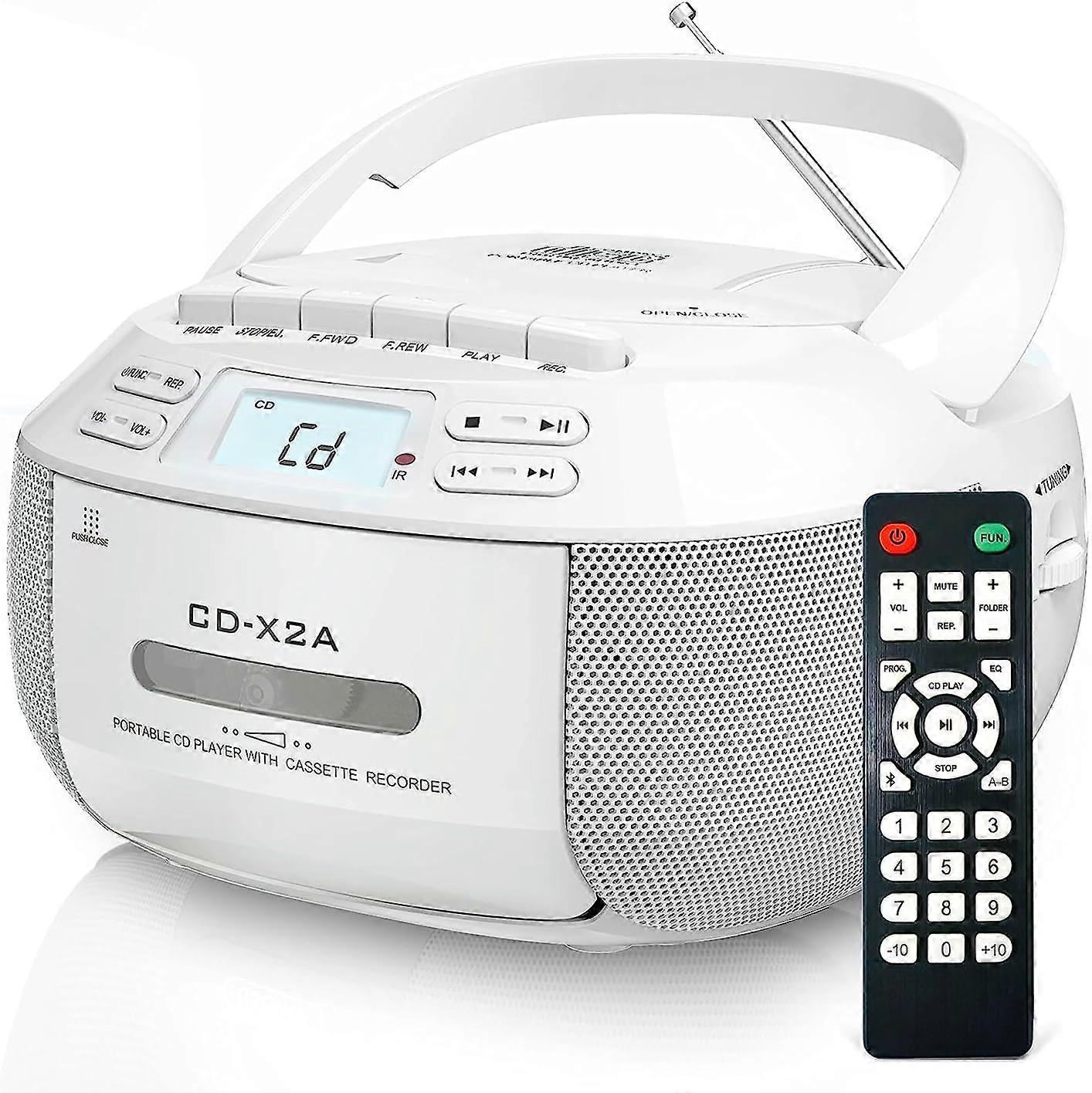 Boombox CD Player with Bluetooth, FM Radio, USB/AUX Playback, Stereo Sound with Remote Control, Tape Recording, AC/DC Power, Personal CD Players for H