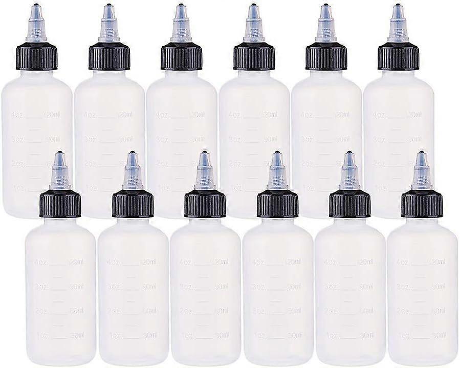 12 Pack 4 Ounce Plastic Squeeze Dispensing Bottles with Black Twist Cap and Measurement Open/Close Nozzle - Good for Crafts Art Glue Multi Purpose