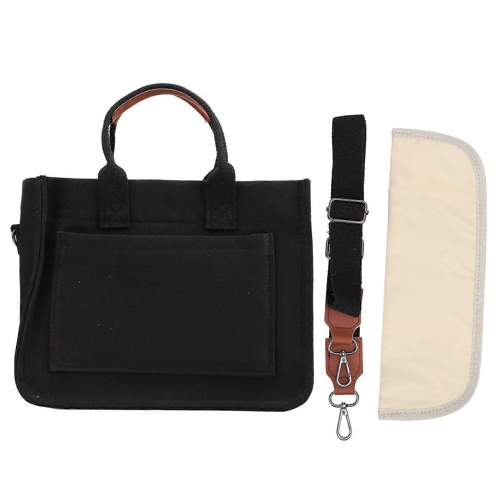 Canvas Handbag Large Capacity Retro Artistic Shoulder Handbag with Pockets for Work Daily School Shopping Black