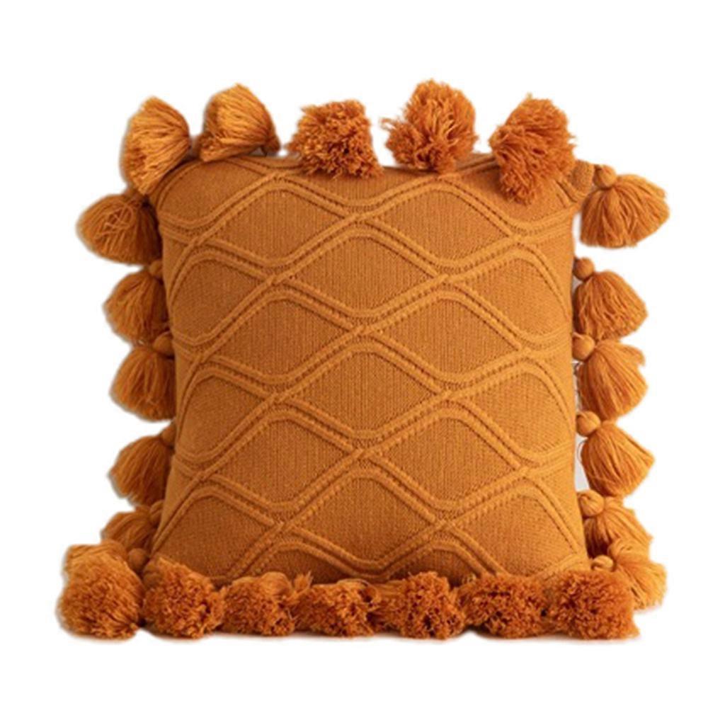 Knitted Throw Pillow for Case with Pompoms Tassel Geometric Stiped Cushion Cover Yellow