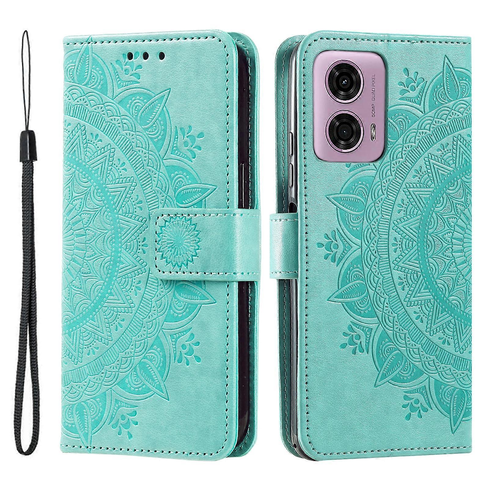 Totem Flower Embossed Leather Phone Case with Lanyard