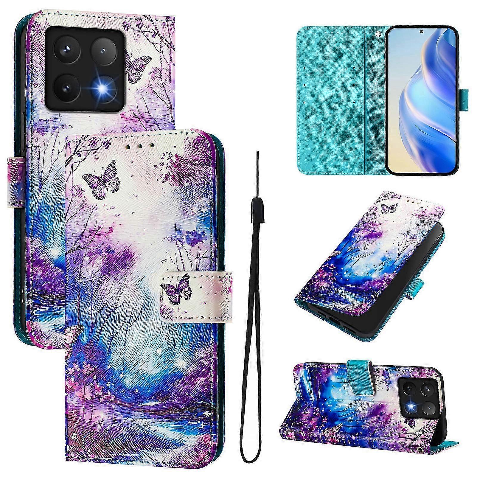 Compatible For Xiaomi 14t Pro Case Pattern Printing Wallet Phone Cover With Strap