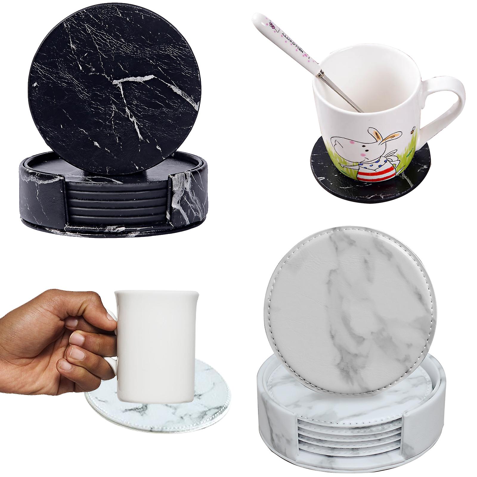 Leather Marble Black / White Coaster Set 6 pezzi con base