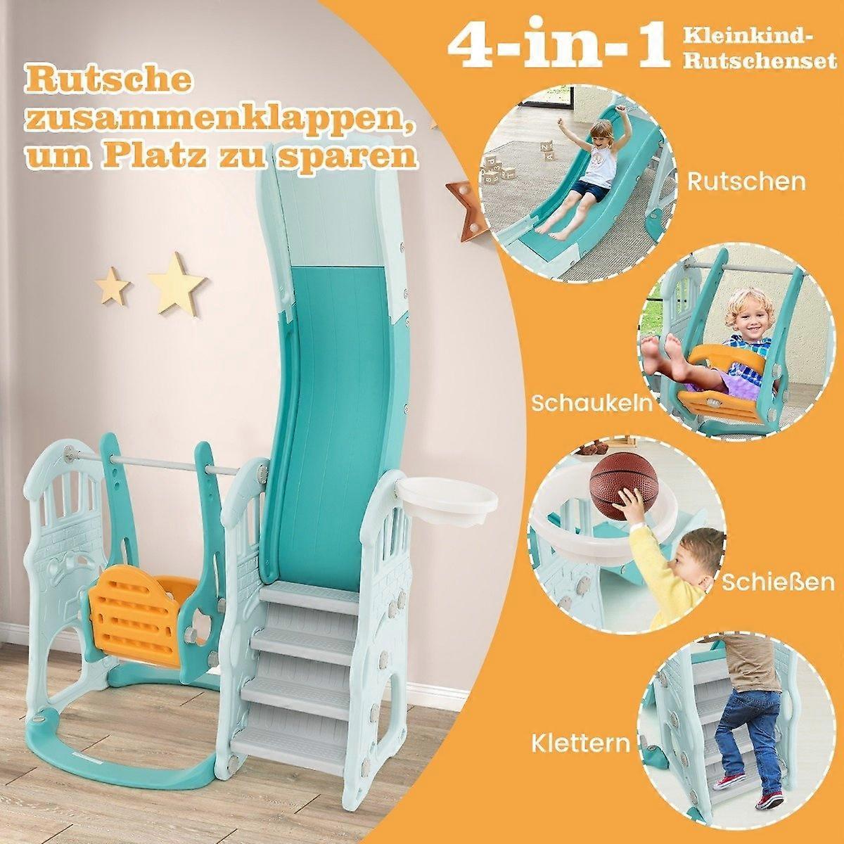Children's swing with height-adjustable baby slide 4 in 1 swing & slide & basketball hoop & ladder green