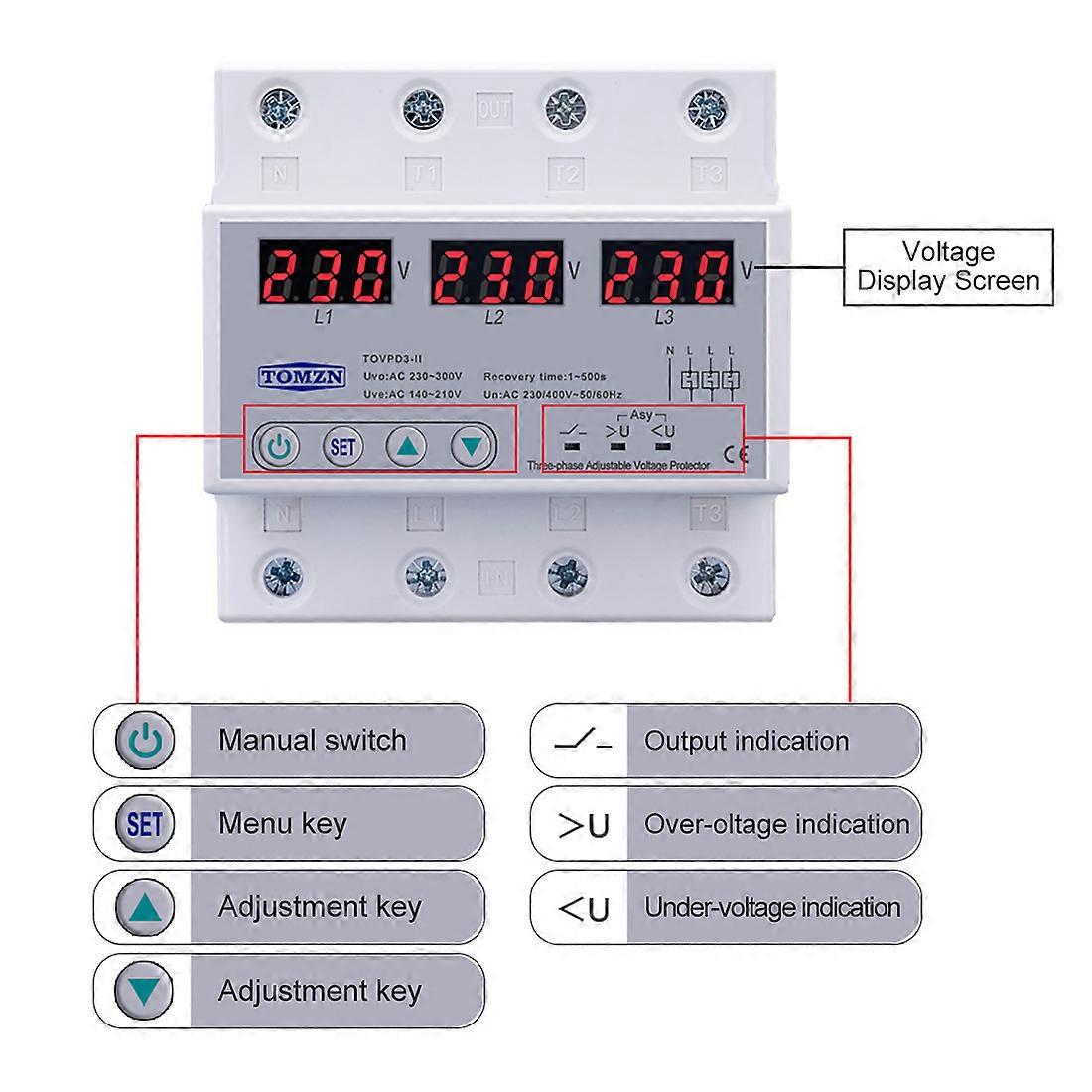 Three Phase Adjustable Over and Under Voltage Protector Automatic Recovery Protective Device Reset