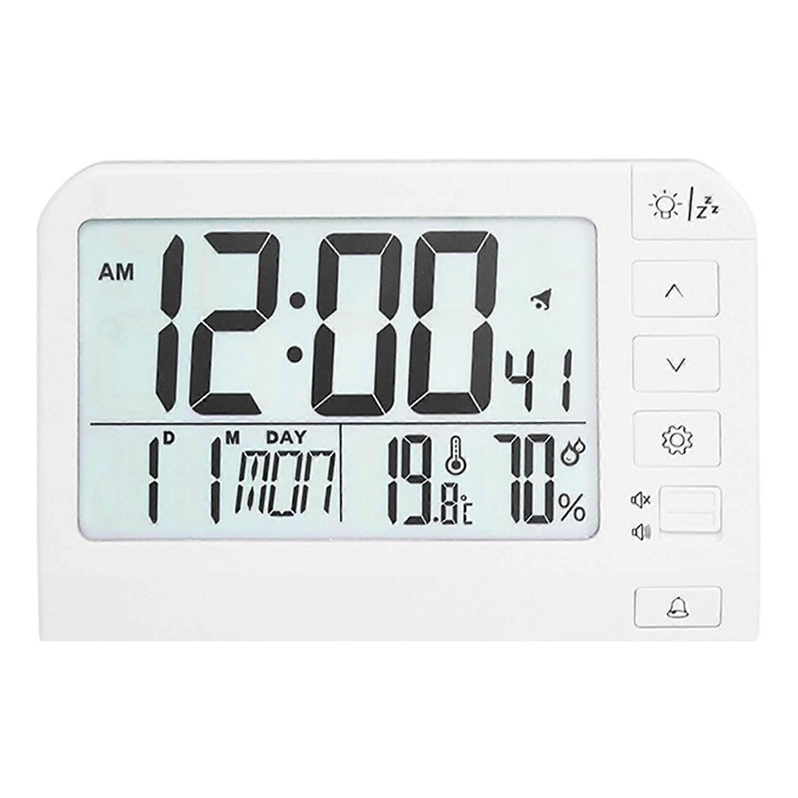 Quiet Operations Large Screen LCD Digital Clock with Alarm Backlight Temperature Desk Clock for Home and Office Setting  White