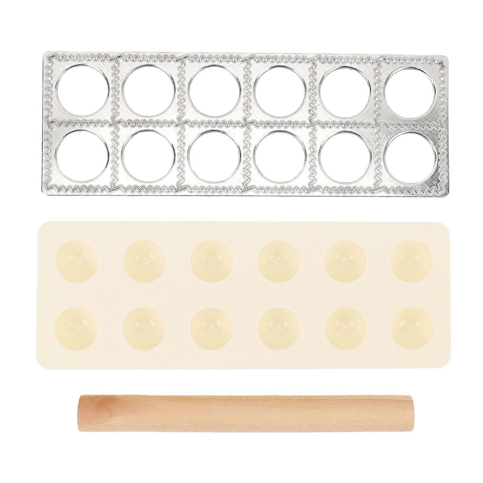 Aluminum Alloy and Plastic Dumpling Press, Ravioli Making Tool with Wooden Rolling Pin for Home Kitchen and Restaurant