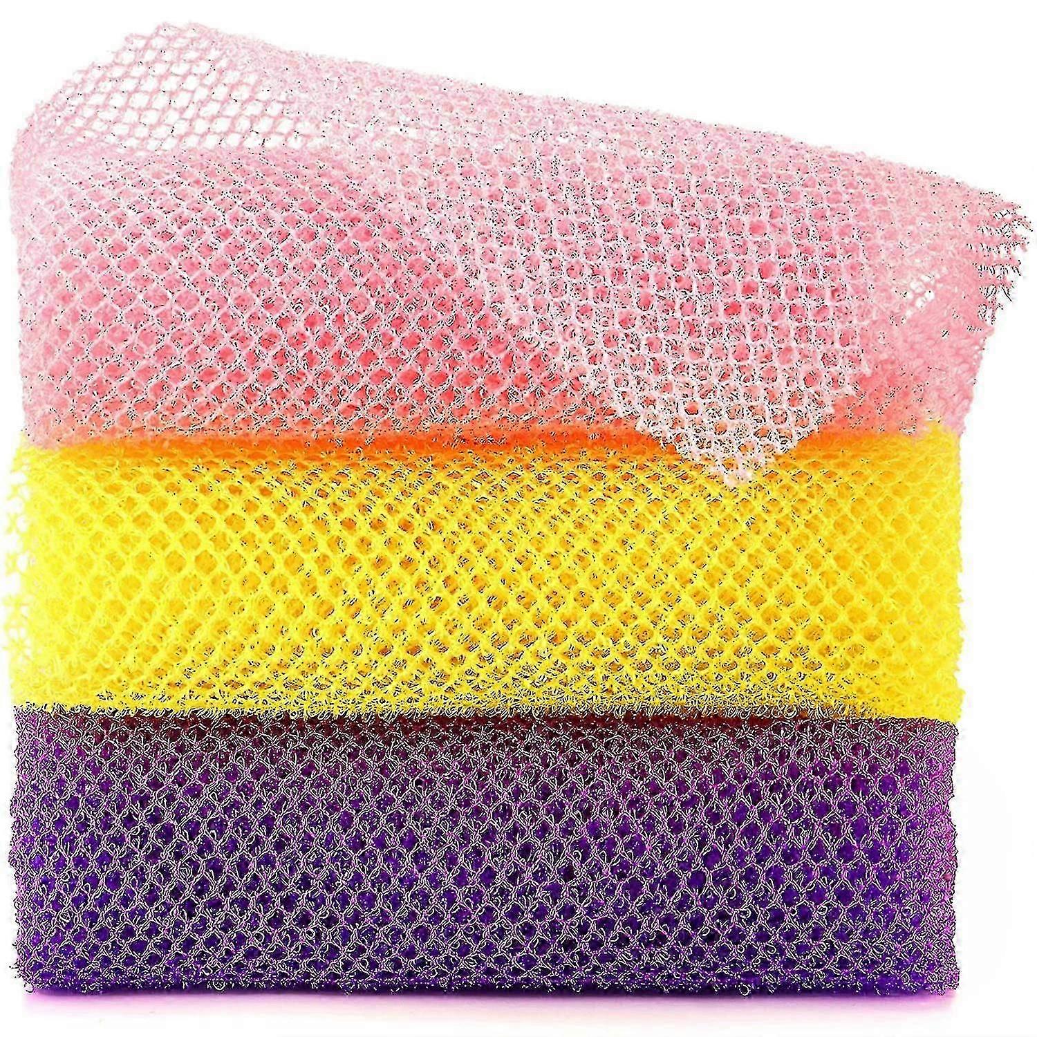3 pièces éponge de bain africaine éponge exfoliante douche corps laveur de dos, idéal pour un usage quotidien (rose jaune violet)