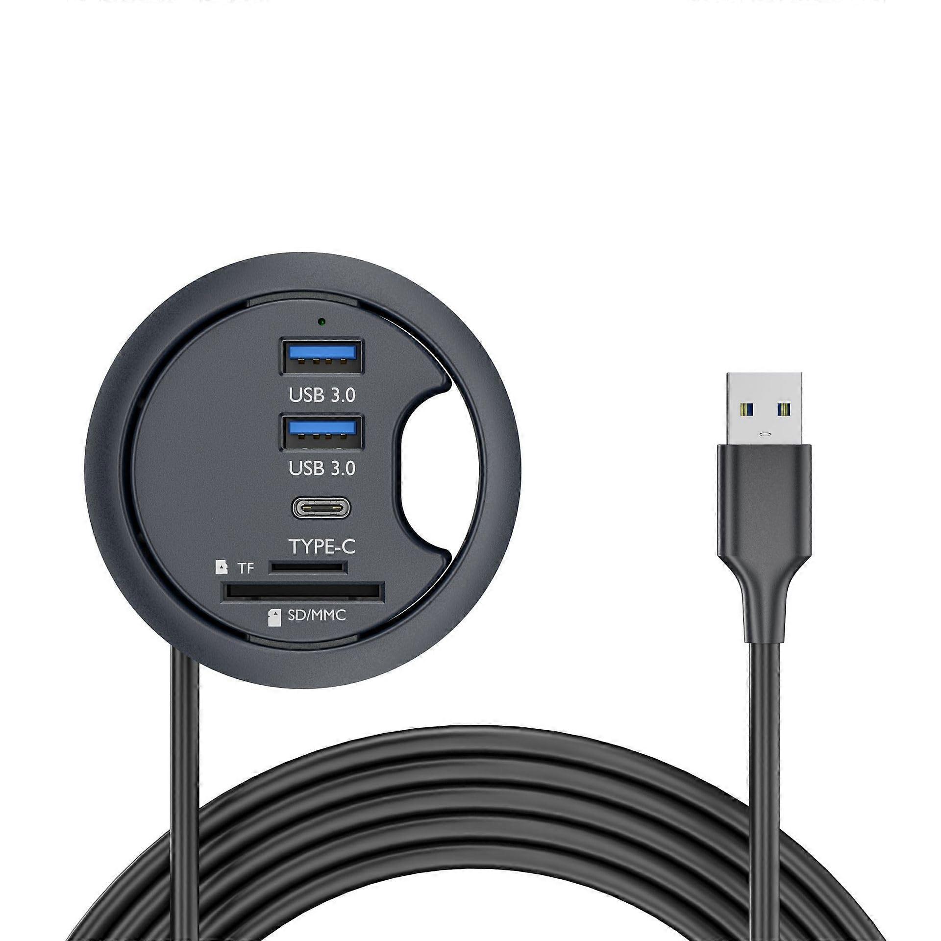 USB 3.0 Hub Desk Grommet Splitter Dock Station with 2 USB Ports, Micro-SD Reader, Compatible with Desktop PC