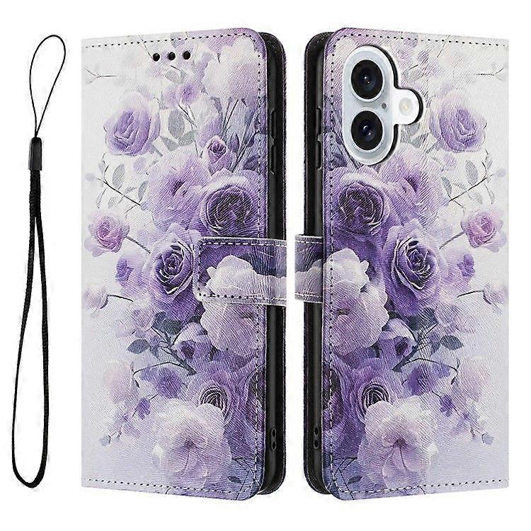 For iPhone 16 Stand Case Pattern Printing PU Leather Wallet Phone Cover with Lanyard