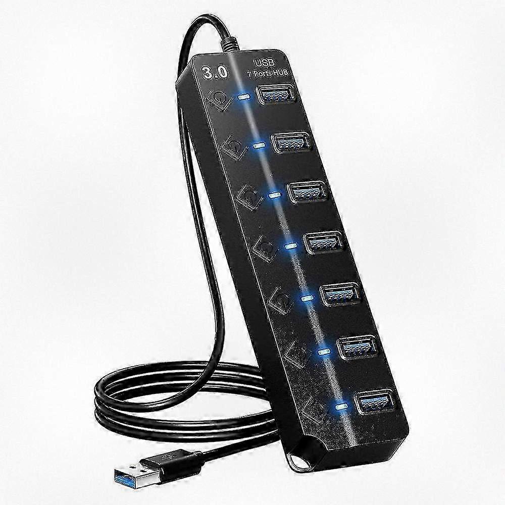 Multi-Port USB 3.0 Hub Splitter with Switches and Indicators, 7 Ports USB Adapter for Enhanced Connectivity