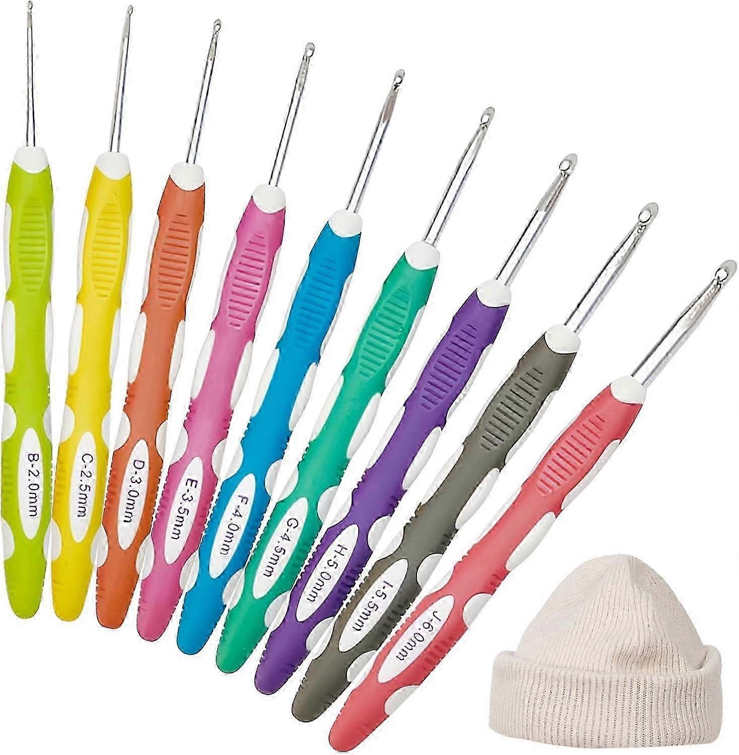 Colorful Ergonomic Crochet Hooks Set, 9Pcs Soft Rubber Grip Needles for Craft Weaving Beginners and Adults Knitting Tools