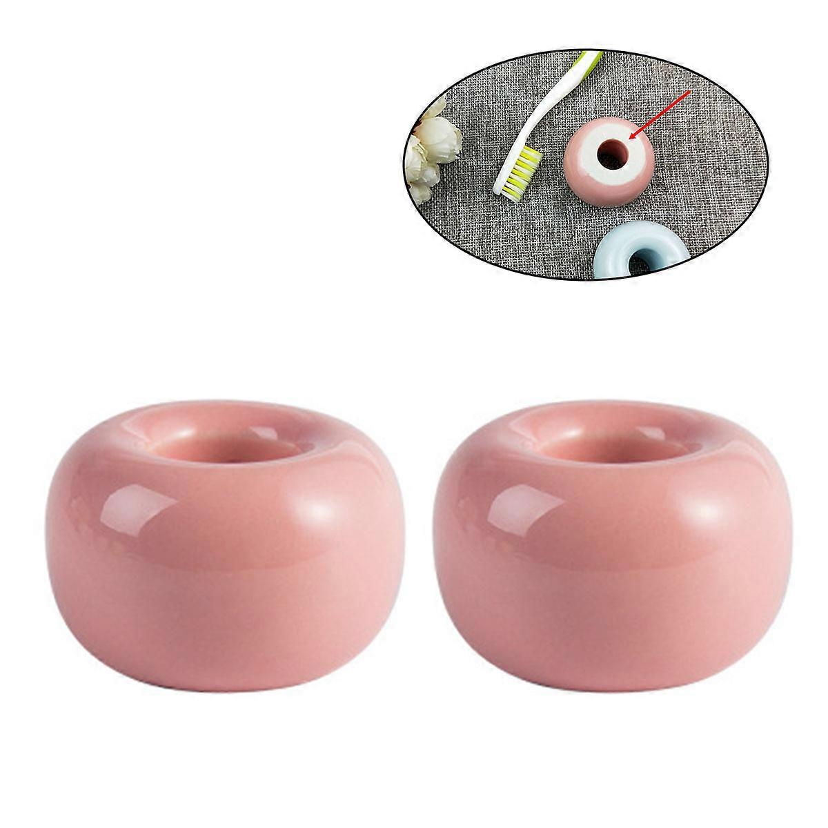 Stylish Toothbrush Holder Stand Ceramic Minimalism Design Desk Use Pink 4.50X4.50X3.00CM 2Set